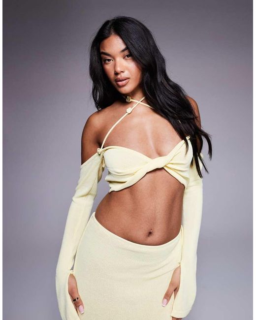 Wanderdoll Yellow Ophelia Knitted Cropped Twist Front Halterneck Top Co-ord
