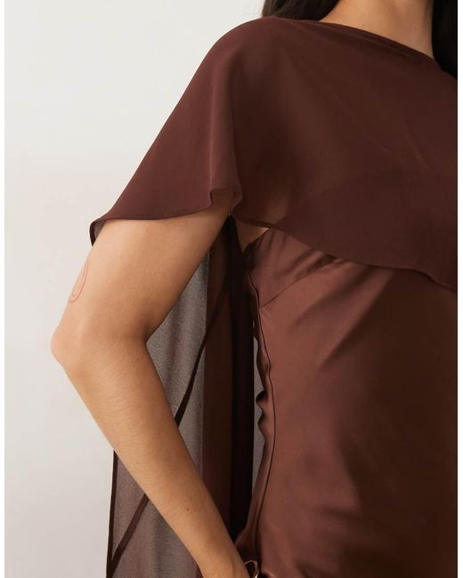 TFNC London Brown Satin Mini Dress With Mesh Cape And Skirt