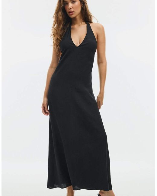 Stradivarius Blue Textured Halter Midi Dress