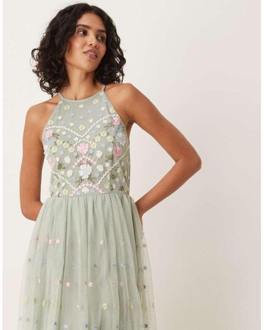 Maya Floral Embroidered Halter Neck Midaxi Dress in Grey | Lyst UK