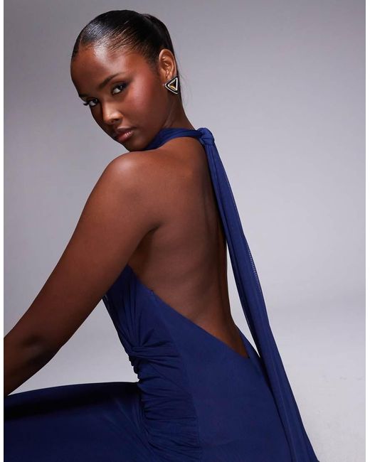 ASOS Blue Twisted Bust Detailing Mesh Maxi Dress With Tie Back Halter Neck