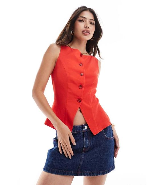 ASOS Gilet Met Linnenlook En Lange Pasvorm in het Red
