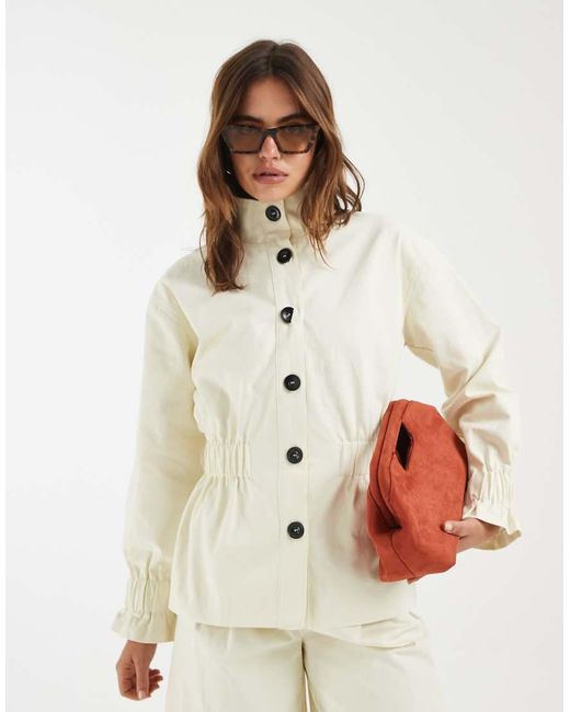 4th & Reckless Natural Cotton Funnel Neck Button Through Shirred Waist Detail Waist Jacket Co-ord