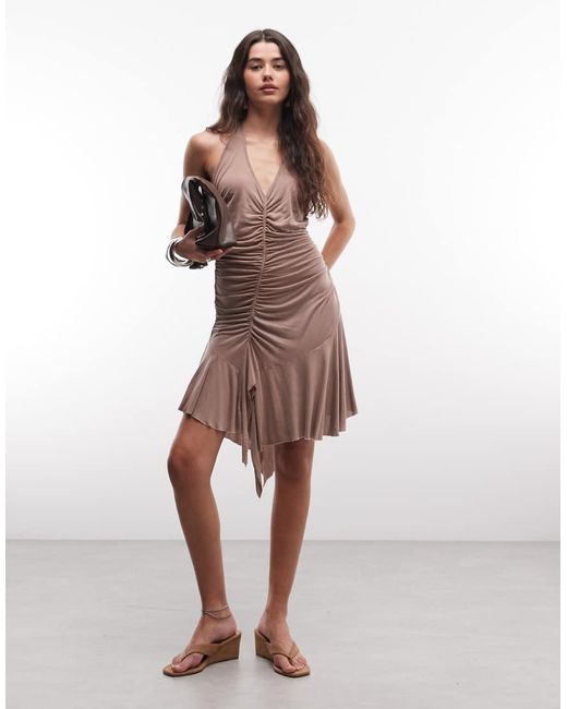 Monki Brown Asymmetric Jersey Mini Dress