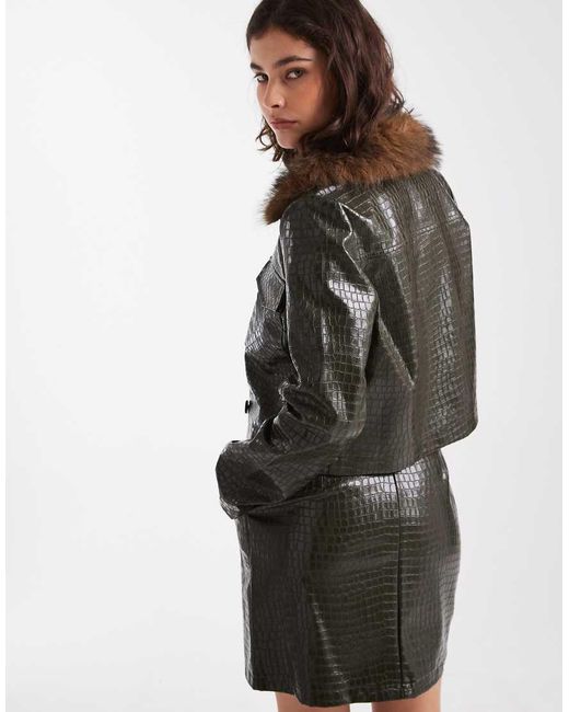 New Look Black Co-Ord Faux Leather Croc Printed Cropped Jacket