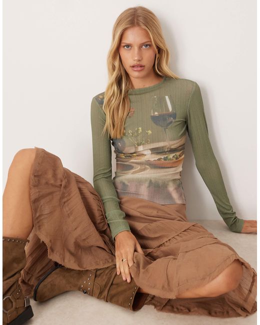 ASOS Brown Sheer Rib Printed Graphic Dinner Party Scene Top