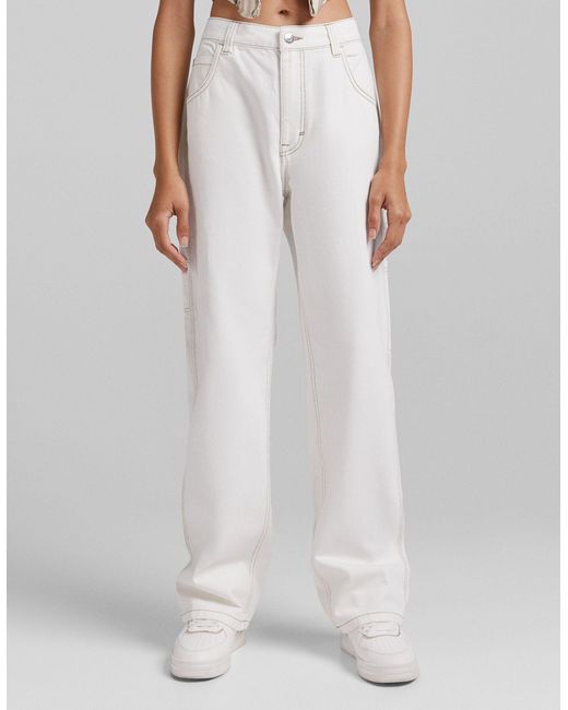 Bershka Cotton Contrast Seam Wide Leg Cargo Trousers in White Lyst Canada
