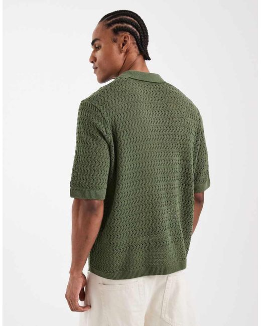 Only & Sons Green Open Knit Split Neck Polo for men