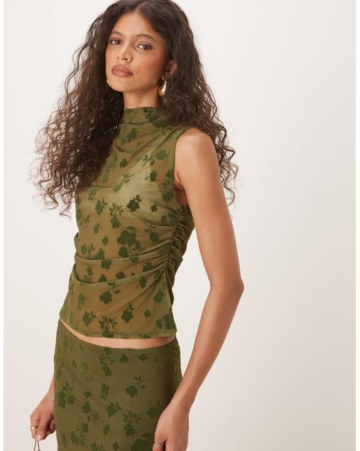 Top d'ensemble sans manches transparent à col montant et motif fleuri floqué - olive ASOS en coloris Green