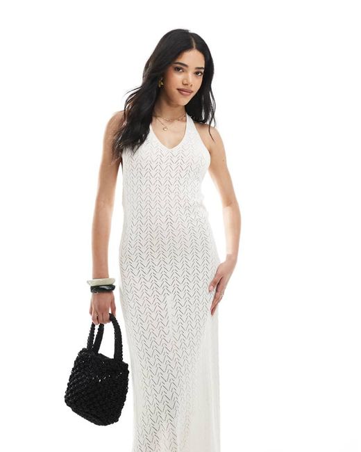 Vestido Largo Con Cuello Halter Y Concha Dorada De Punto De -Blanco ASOS de color White