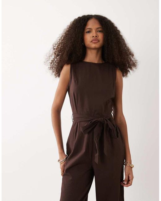 Brave Soul Brown Linen-look 100% Cotton Jumpsuit With Waist Tie Detail