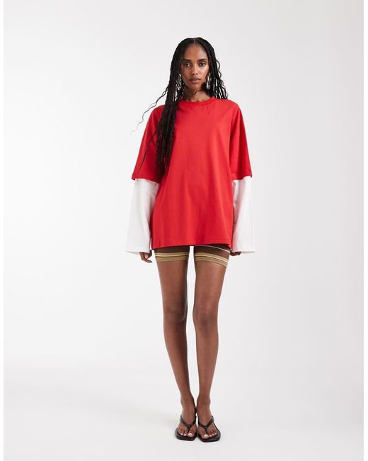 Lioness Red 2 In 1 Oversized T-shirt Overlay And Striped Long Sleeve Shirt In And White