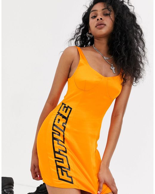 orange satin bodycon dress