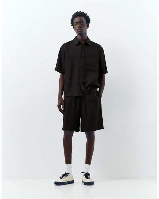 Pull&Bear Black 100% Linen Short Sleeve Shirt for men