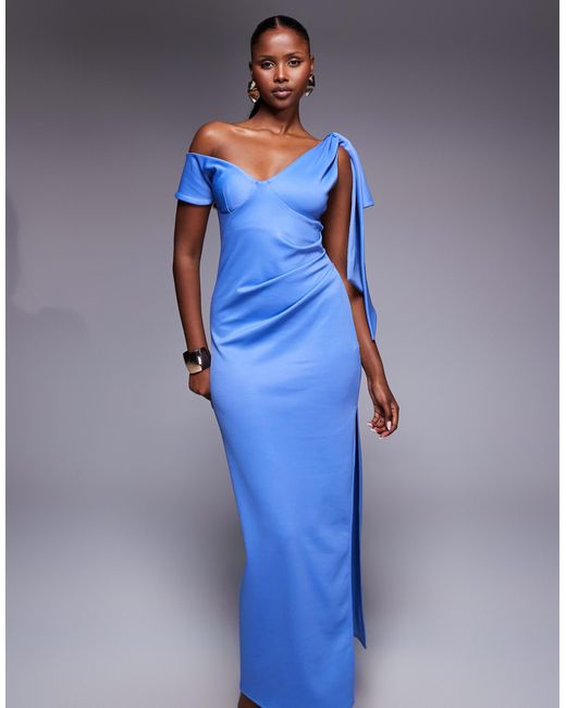 ASOS Blue Fallen Shoulder With Drape Detail Midi Dress