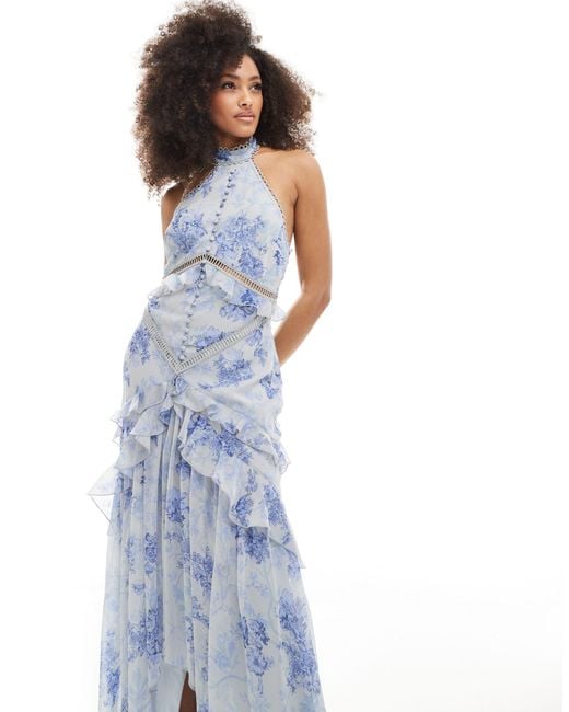 ASOS Blue Lace Insert Halter Tiered Maxi Dress With Circle Trim