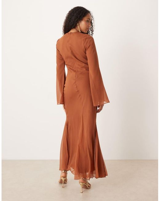 ASOS Flare Sleeve Maxi Dress in Brown | Lyst UK