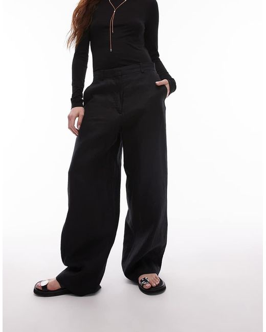 ARKET Black Linen Straight Leg Pants With Flat Front