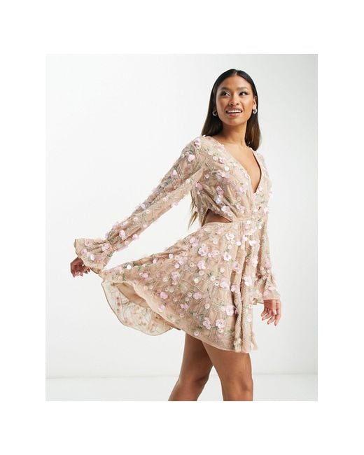 ASOS Natural Embellished Wrap Front Mini Dress With Floral Detail