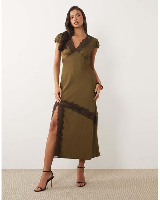 Nobody's Child Natural Gloria Satin And Lace Mix V Neck Split Front Maxi Dress