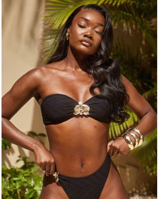 South Beach Green Textured Wave Bandeau Bikini Top With Gold Hardware