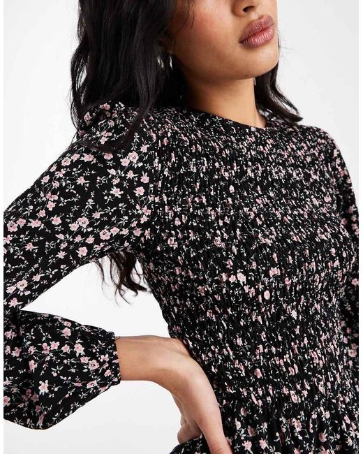 Daisy Street Black Long Sleeve Shirred Mini Smock Dress