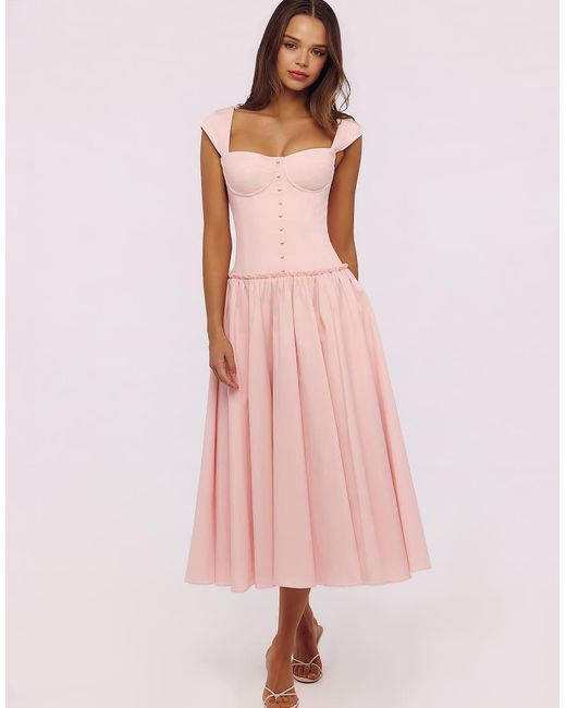 House Of Cb Pink Kaia Cotton Cap Sleeve Midi Dress