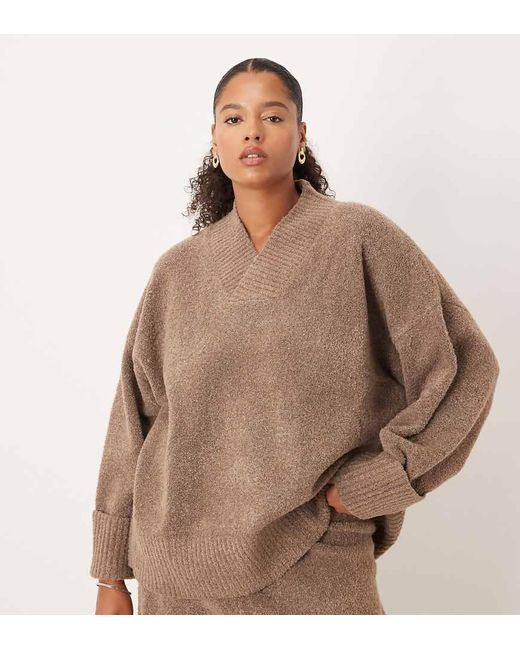 Pretty Lavish Curve Brown High V Neck Textured Knit Cuff Sleeve Jumper Co-ord