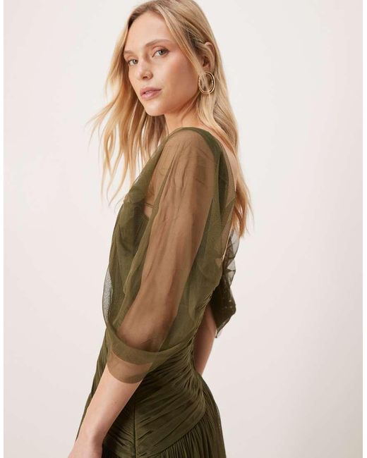 LACE & BEADS Green Asymmetric Ruffle Tulle Maxi Dress