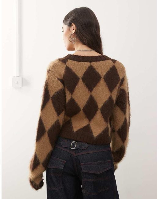 Collusion Green Argyle Knit Fluffy Cardi