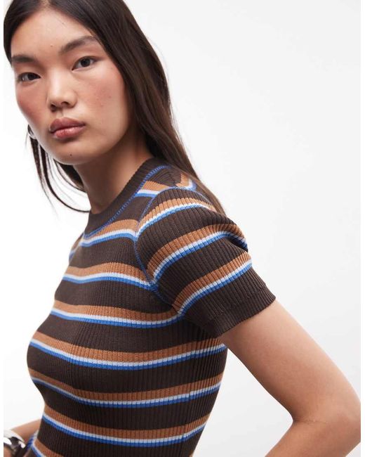 Monki Black Compact Rib Knit Short Sleeve Top