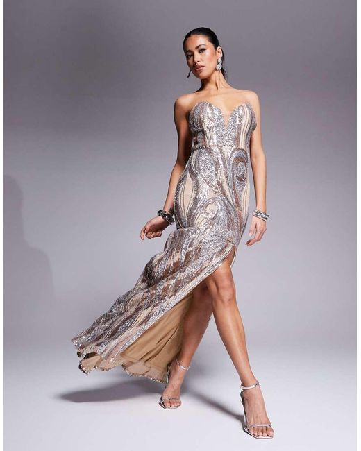 Goddiva Gray Strapless Multi Sequin Maxi Dress