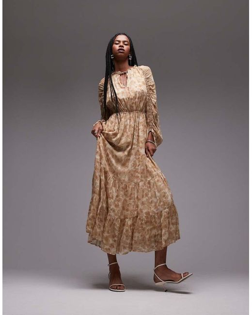 & Other Stories Brown Drapey Midaxi Dress With Ruche Tie Volume Sleeves