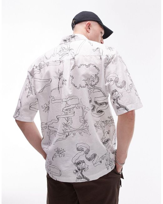 Chemise décontractée en lin mélangé imprimé à manches courtes Topman pour homme en coloris White