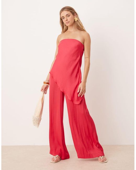 ASOS Red Bandeau Satin Asym Overlay Detail Jumpsuit