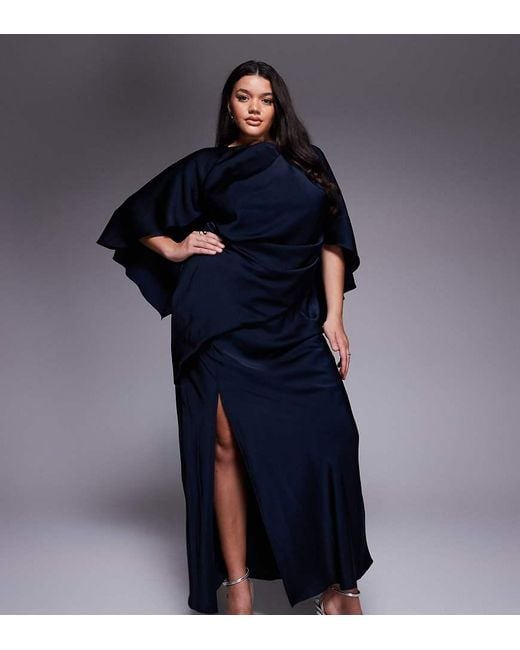 ASOS Blue Asos Design Curve Satin Ruffle Cape Sleeve Maxi Dress With Open Back Detail And High Split