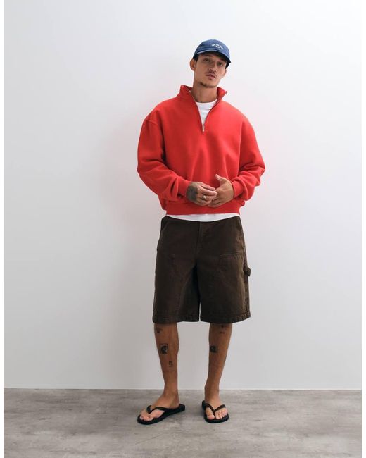 Sudadera Holgada Con Media Cremallera Y Lavado Ácido En ASOS de hombre de color Red