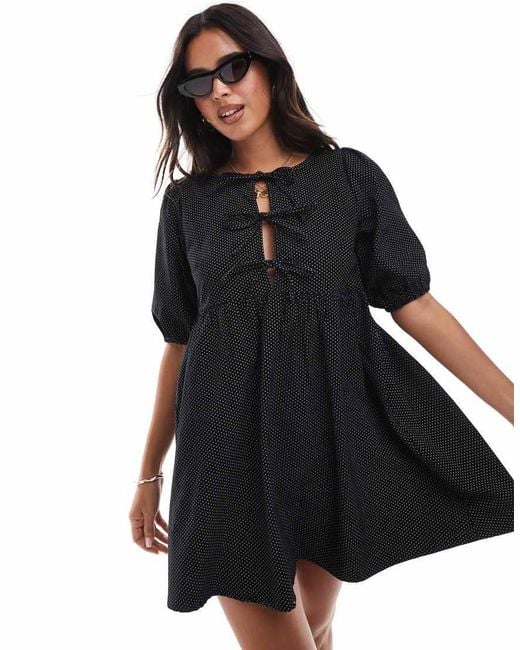 Wednesday's Girl Black Polka Dot Print Button Detail Mini Smock Dress