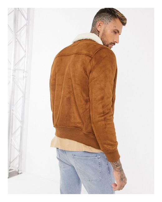 Bershka Brown Suede Bomber Jacket With Borg Collar for men
