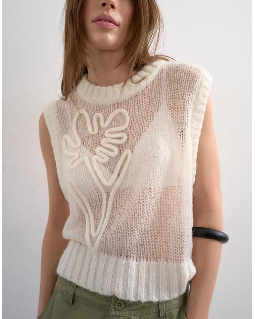 TOPSHOP Gray Knit Sheer Embroidered Floral Sweater Vest