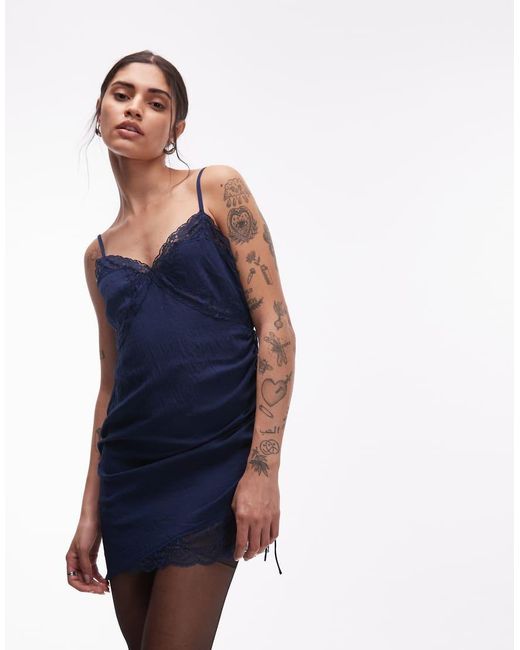 ASOS Blue Cami Lace Trim Satin Slip Mini Dress