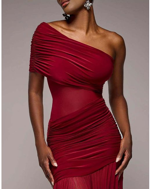 Goddiva Gathered One Shoulder Sheer Panel Maxi Dress