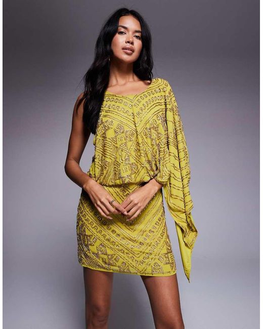 ASOS Yellow Asymmetric Cape Detail Allover Embellished Mini Dress