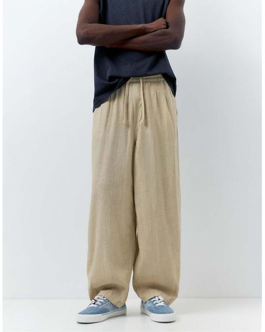 Pull&Bear Blue Linen Blend Trousers for men