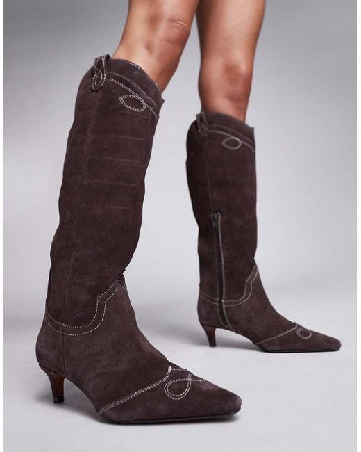 River Island Brown Knee High Heeled Suede Western Boot