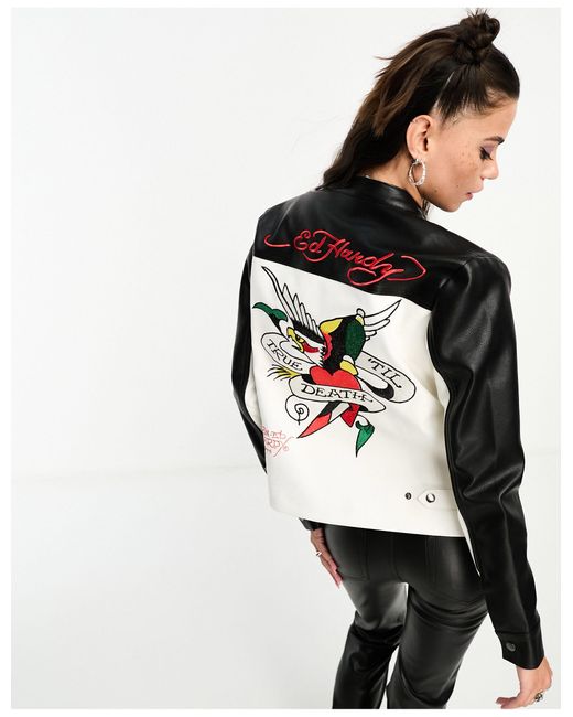 Ed Hardy Y2k - Pu Bikerjack Met Afbeelding Op in het White