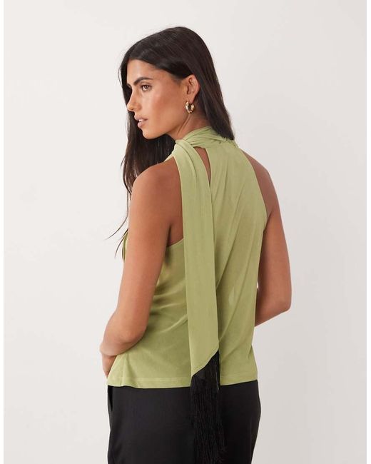 ASOS Green Sheer Mesh Cowl Neck Top With Fringe Scarf