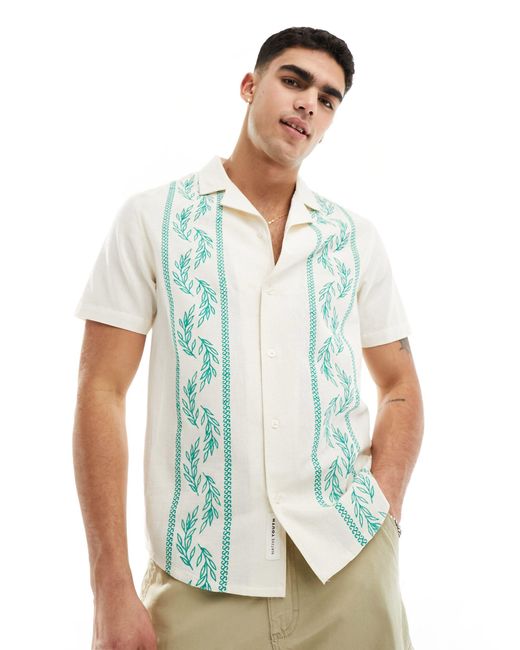 Another Influence White Linen Mix Embroidery Revere Collar Shirt for men