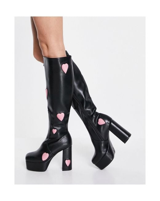 Lamoda Black Knee High Platform Boots With Pink Hearts
