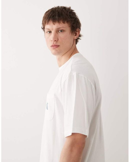 Calvin Klein White Icon Cotton Stretch Loungewear Relaxed Fit Pocket T-shirt for men